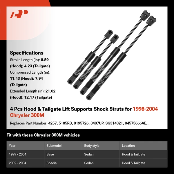 4 Pcs Hood & Tailgate Lift Supports Shock Struts for 1998-2004 Chrysler 300M