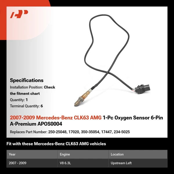 2007-2009 Mercedes-Benz CLK63 AMG 1-Pc Oxygen Sensor 6-Pin A-Premium APOS0004