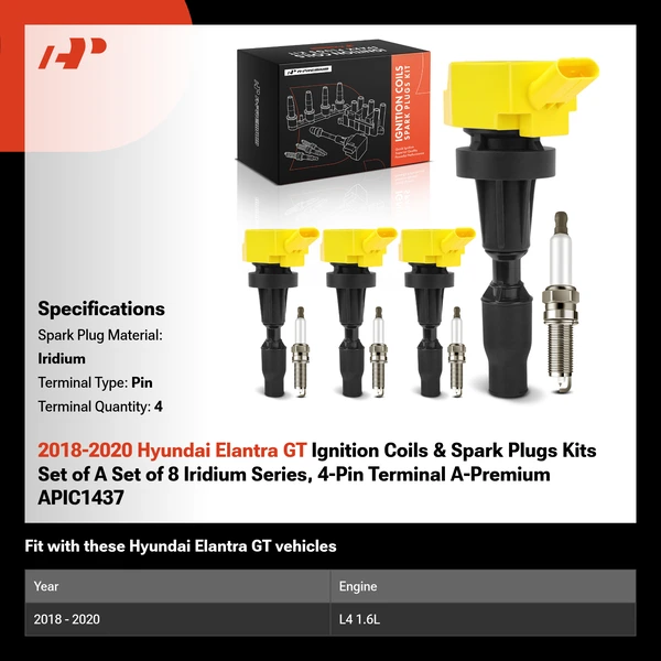 2018-2020 Hyundai Elantra GT Ignition Coils & Spark Plugs Kits Set of A Set of 8 Iridium Series, 4-Pin Terminal A-Premium APIC1437