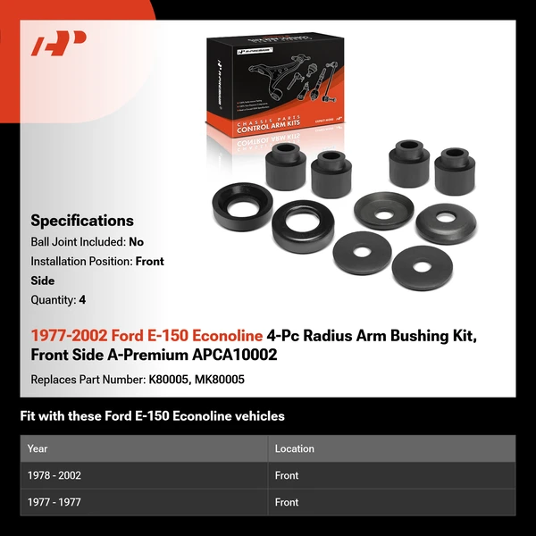 1977-2002 Ford E-150 Econoline 4-Pc Radius Arm Bushing Kit, Front Side A-Premium APCA10002