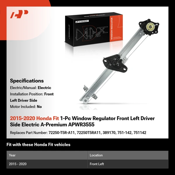 2015-2020 Honda Fit 1-Pc Window Regulator Front Left Driver Side Electric A-Premium APWR3555