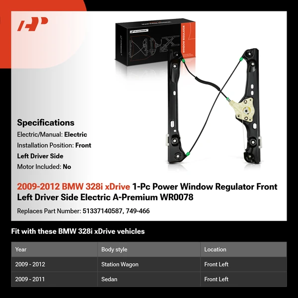 2009-2012 BMW 328i xDrive 1-Pc Power Window Regulator Front Left Driver Side Electric A-Premium WR0078