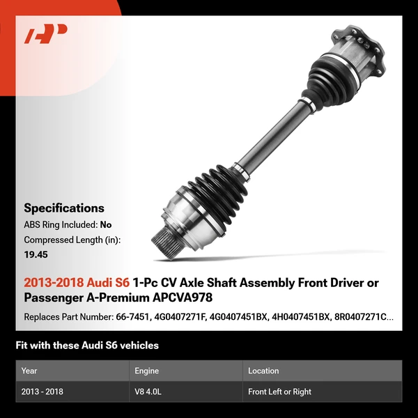 2013-2018 Audi S6 1-Pc CV Axle Shaft Assembly Front Driver or Passenger A-Premium APCVA978