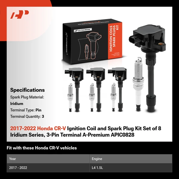 2017-2022 Honda CR-V Ignition Coil and Spark Plug Kit Set of 8 Iridium Series, 3-Pin Terminal A-Premium APIC0828