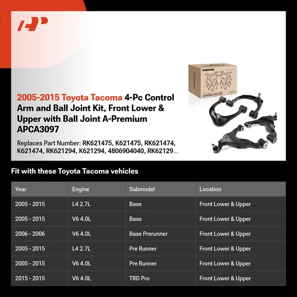 2005-2015 Toyota Tacoma 4-Pc Control Arm and Ball Joint Kit, Front Lower & Upper with Ball Joint A-Premium APCA3097
