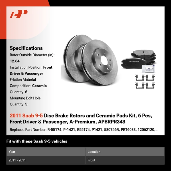 2011 Saab 9-5 Disc Brake Rotors and Ceramic Pads Kit, 6 Pcs, Front Driver & Passenger, A-Premium, APBRPR343