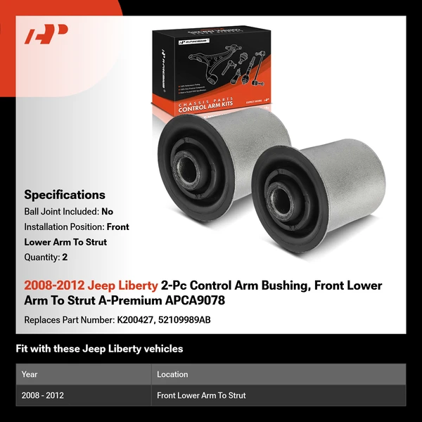2008-2012 Jeep Liberty 2-Pc Control Arm Bushing, Front Lower Arm To Strut A-Premium APCA9078