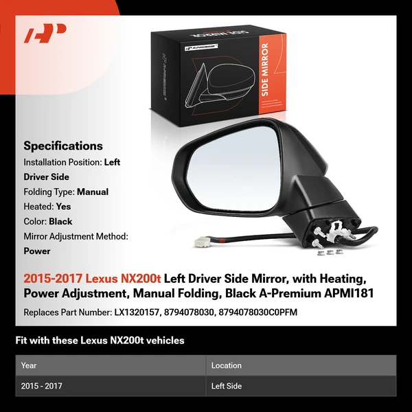 2015-2017 Lexus NX200t Left Driver Side Mirror, with Heating, Power Adjustment, Manual Folding, Black A-Premium APMI181