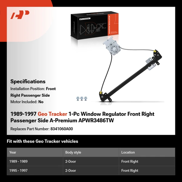1989-1997 Geo Tracker 1-Pc Window Regulator Front Right Passenger Side A-Premium APWR3486TW