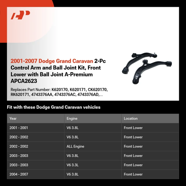 2001-2007 Dodge Grand Caravan 2-Pc Control Arm and Ball Joint Kit, Front Lower with Ball Joint A-Premium APCA2623
