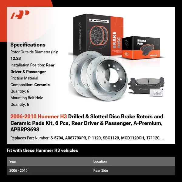 2006-2010 Hummer H3 Drilled & Slotted Disc Brake Rotors and Ceramic Pads Kit, 6 Pcs, Rear Driver & Passenger, A-Premium, APBRPS698