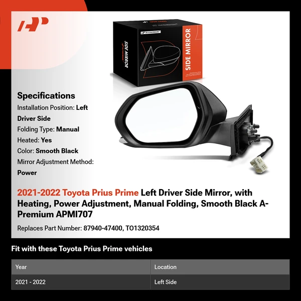 2021-2022 Toyota Prius Prime Left Driver Side Mirror, with Heating, Power Adjustment, Manual Folding, Smooth Black A-Premium APMI707