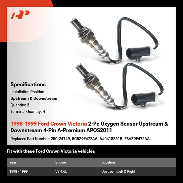 1998-1999 Ford Crown Victoria 2-Pc Oxygen Sensor Upstream & Downstream 4-Pin A-Premium APOS2011