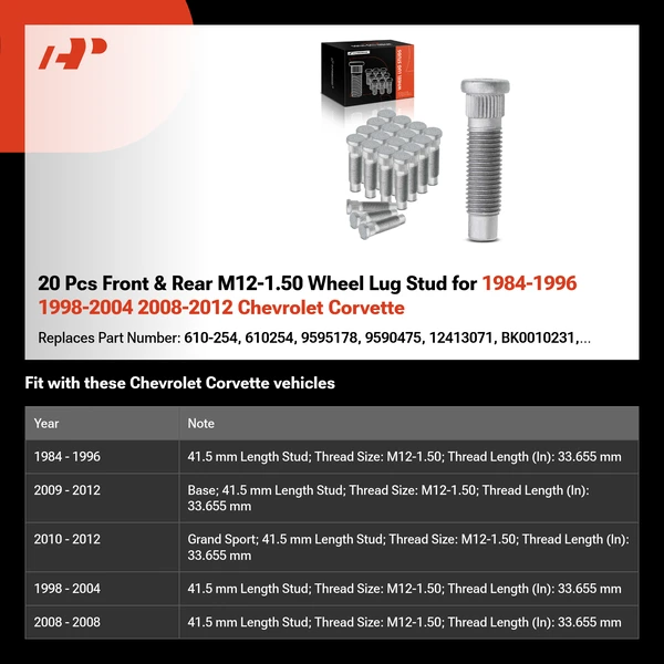20 Pcs Front & Rear M12-1.50 Wheel Lug Stud for 1984-1996 1998-2004 2008-2012 Chevrolet Corvette