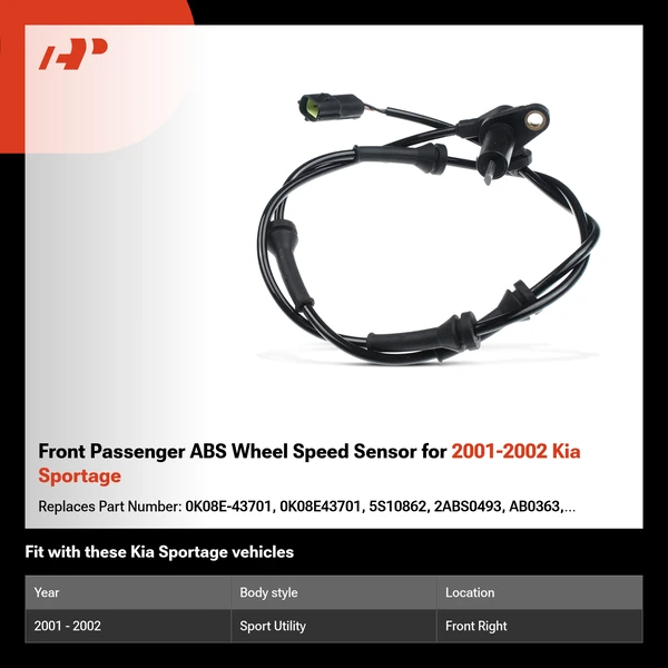 Front Passenger ABS Wheel Speed Sensor for 2001-2002 Kia Sportage