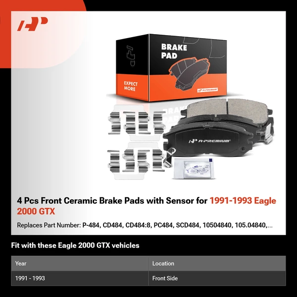 4 Pcs Front Ceramic Brake Pads with Sensor for 1991-1993 Eagle 2000 GTX
