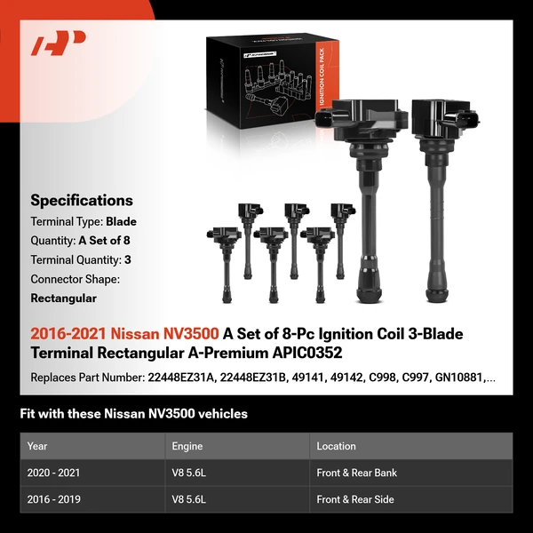 2016-2021 Nissan NV3500 A Set of 8-Pc Ignition Coil 3-Blade Terminal Rectangular A-Premium APIC0352