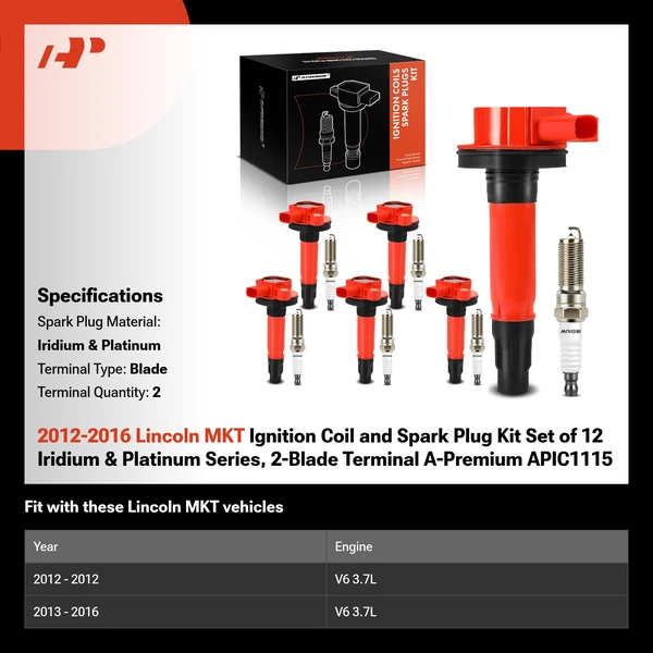 2012-2016 Lincoln MKT Ignition Coil and Spark Plug Kit Set of 12 Iridium & Platinum Series, 2-Blade Terminal A-Premium APIC1115