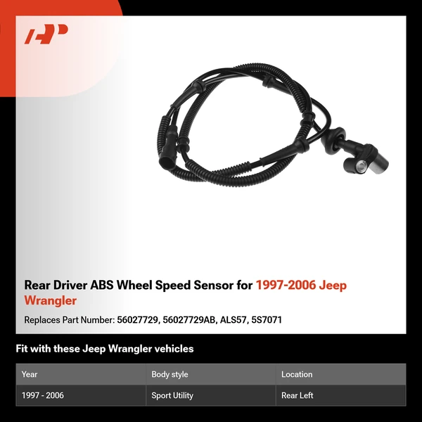 Rear Driver ABS Wheel Speed Sensor for 1997-2006 Jeep Wrangler
