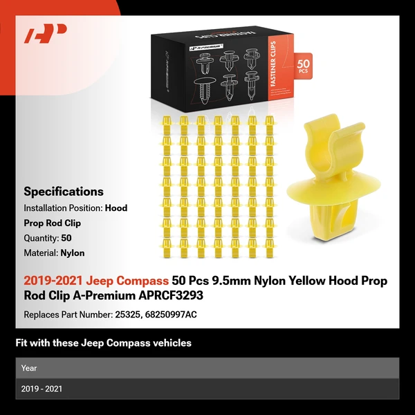 2019-2021 Jeep Compass 50 Pcs 9.5mm Nylon Yellow Hood Prop Rod Clip A-Premium APRCF3293