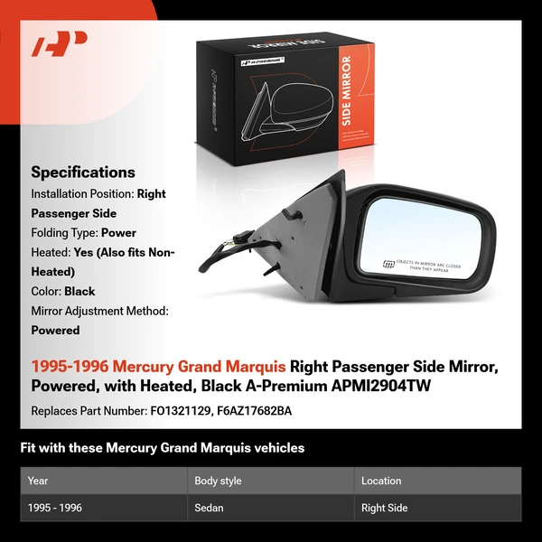 1995-1996 Mercury Grand Marquis Right Passenger Side Mirror, Powered, with Heated, Black A-Premium APMI2904TW