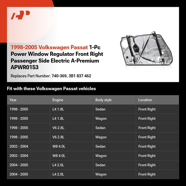 1998-2005 Volkswagen Passat 1-Pc Power Window Regulator Front Right Passenger Side Electric A-Premium APWR0153