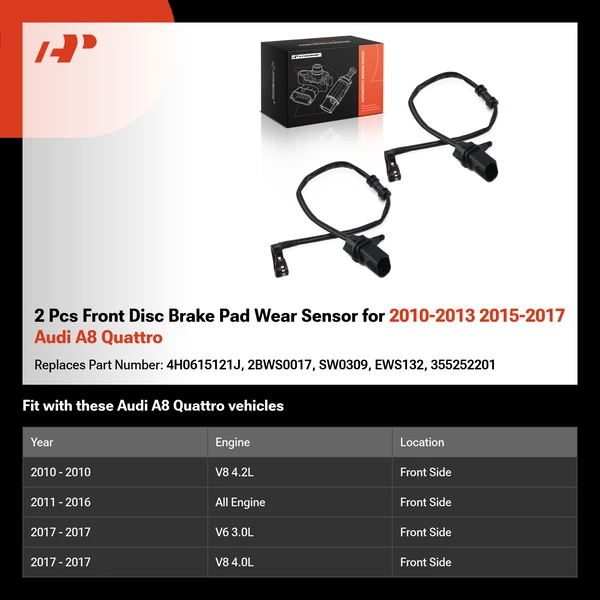2 Pcs Front Disc Brake Pad Wear Sensor for 2010-2013 2015-2017 Audi A8 Quattro