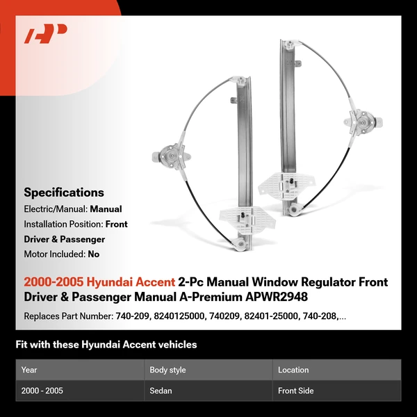 2000-2005 Hyundai Accent 2-Pc Manual Window Regulator Front Driver & Passenger Manual A-Premium APWR2948
