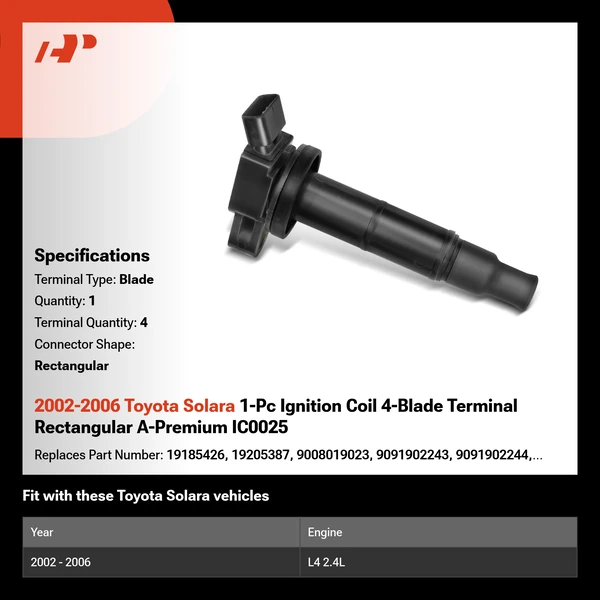 2002-2006 Toyota Solara 1-Pc Ignition Coil 4-Blade Terminal Rectangular A-Premium IC0025