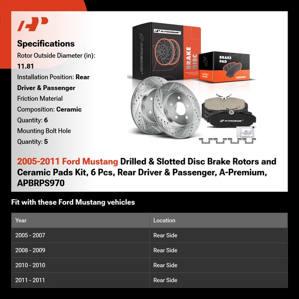 2005-2011 Ford Mustang Drilled & Slotted Disc Brake Rotors and Ceramic Pads Kit, 6 Pcs, Rear Driver & Passenger, A-Premium, APBRPS970