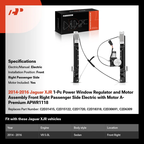 2014-2016 Jaguar XJR 1-Pc Power Window Regulator and Motor Assembly Front Right Passenger Side Electric with Motor A-Premium APWR1118