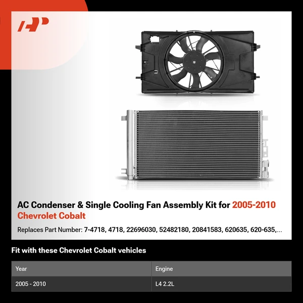 AC Condenser & Single Cooling Fan Assembly Kit for 2005-2010 Chevrolet Cobalt