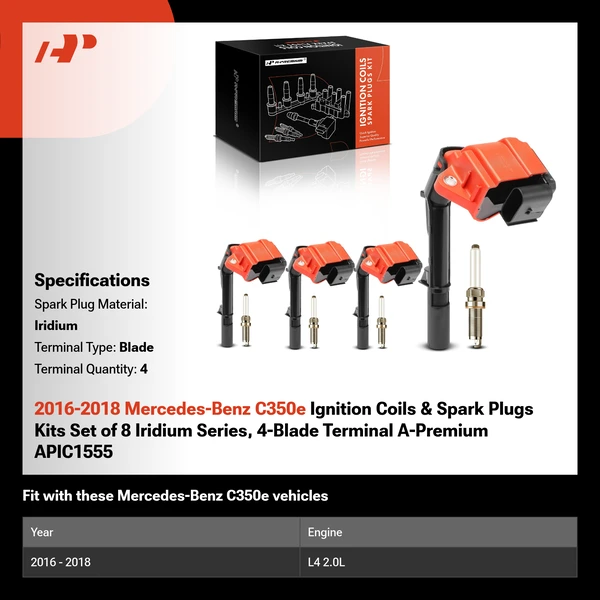 2016-2018 Mercedes-Benz C350e Ignition Coils & Spark Plugs Kits Set of 8 Iridium Series, 4-Blade Terminal A-Premium APIC1555