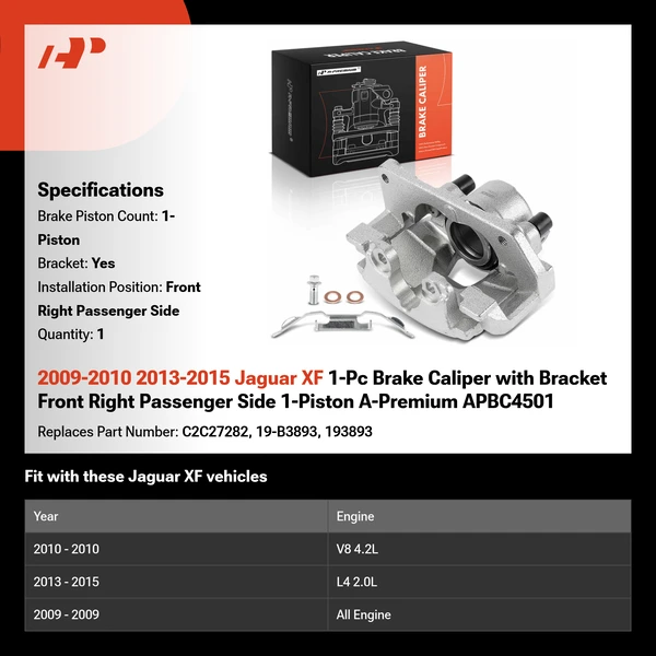 2009-2010 2013-2015 Jaguar XF 1-Pc Brake Caliper with Bracket Front Right Passenger Side 1-Piston A-Premium APBC4501