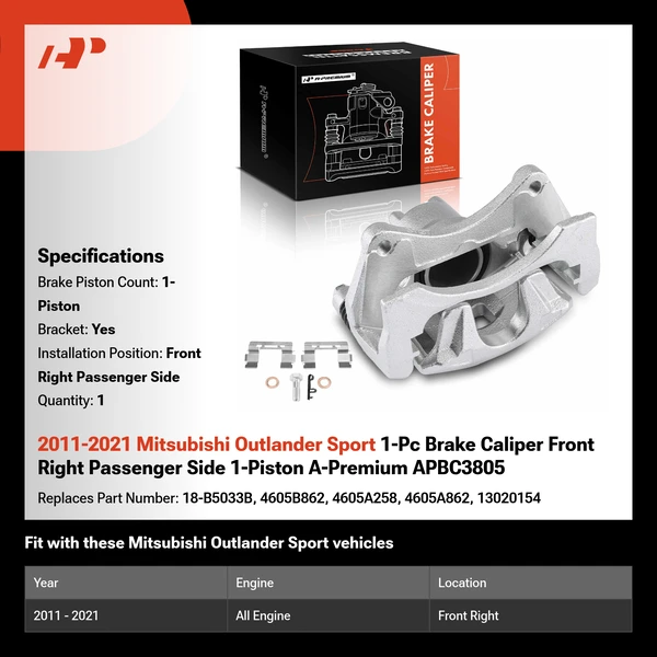 2011-2021 Mitsubishi Outlander Sport 1-Pc Brake Caliper Front Right Passenger Side 1-Piston A-Premium APBC3805