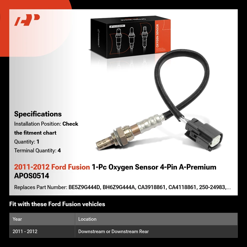 2011-2012 Ford Fusion 1-Pc Oxygen Sensor 4-Pin A-Premium APOS0514