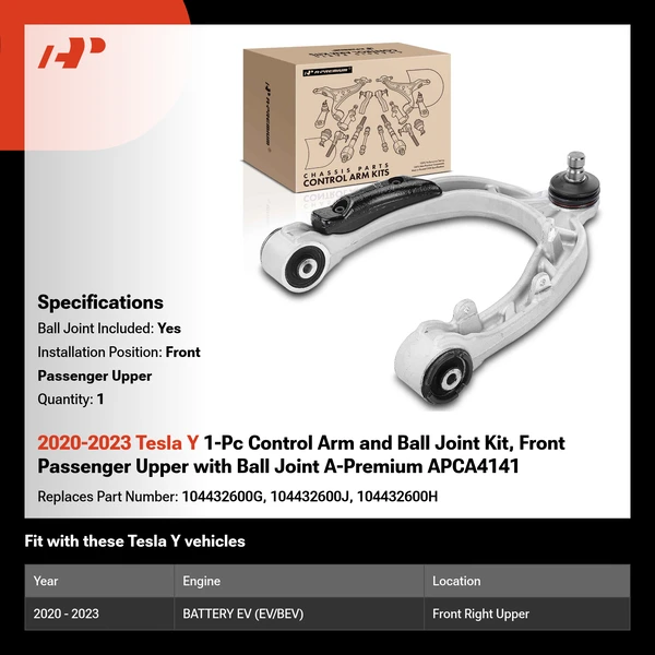 2020-2023 Tesla Y 1-Pc Control Arm and Ball Joint Kit, Front Passenger Upper with Ball Joint A-Premium APCA4141
