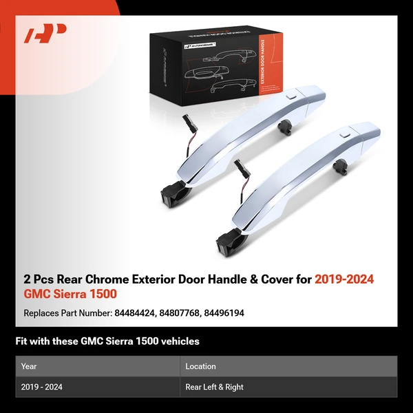 2 Pcs Rear Chrome Exterior Door Handle & Cover for 2019-2024 GMC Sierra 1500