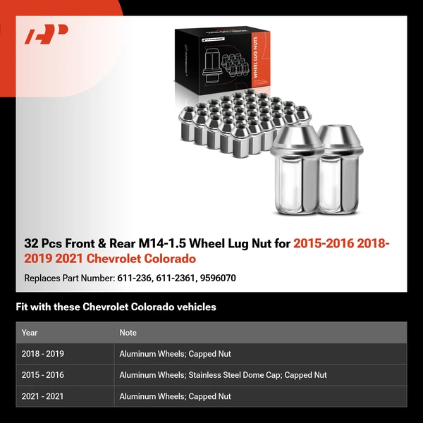 32 Pcs Front & Rear M14-1.5 Wheel Lug Nut for 2015-2016 2018-2019 2021 Chevrolet Colorado
