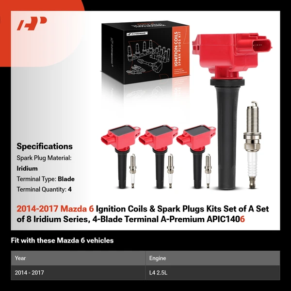 2014-2017 Mazda 6 Ignition Coils & Spark Plugs Kits Set of A Set of 8 Iridium Series, 4-Blade Terminal A-Premium APIC1406