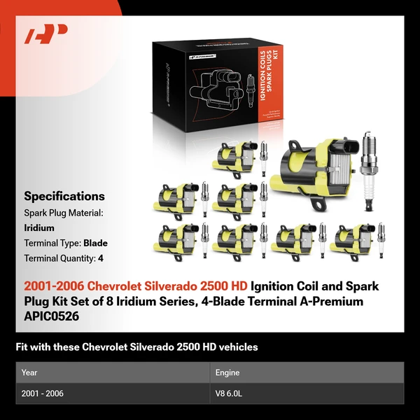 2001-2006 Chevrolet Silverado 2500 HD Ignition Coil and Spark Plug Kit Set of 8 Iridium Series, 4-Blade Terminal A-Premium APIC0526