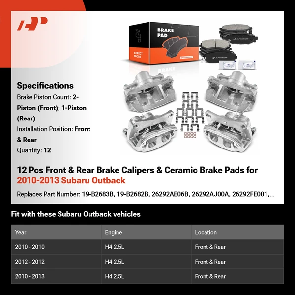 12 Pcs Front & Rear Brake Calipers & Ceramic Brake Pads for 2010-2013 Subaru Outback