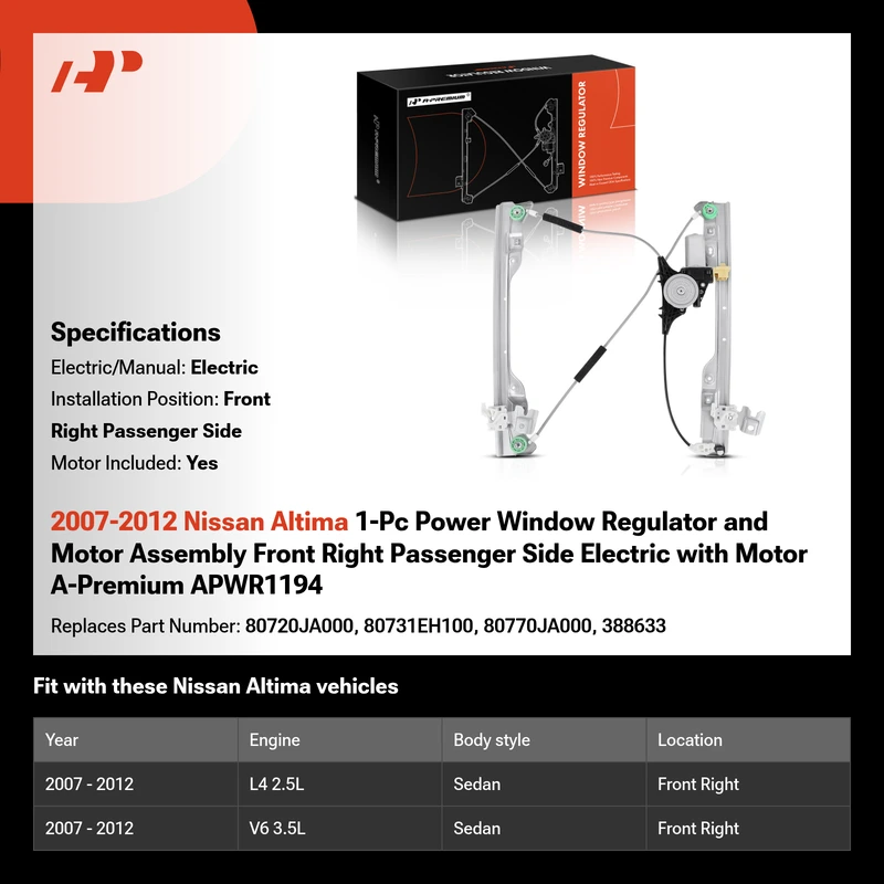 2007-2012 Nissan Altima 1-Pc Power Window Regulator and Motor Assembly Front Right Passenger Side Electric with Motor A-Premium APWR1194