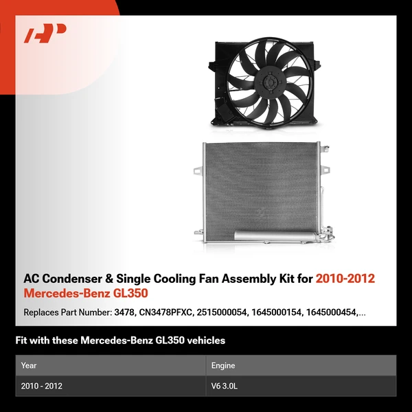 AC Condenser & Single Cooling Fan Assembly Kit for 2010-2012 Mercedes-Benz GL350