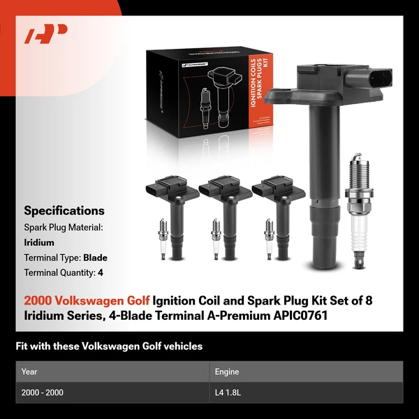 2000 Volkswagen Golf Ignition Coil and Spark Plug Kit Set of 8 Iridium Series, 4-Blade Terminal A-Premium APIC0761