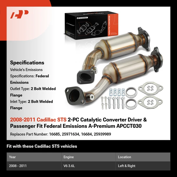 2008-2011 Cadillac STS 2-PC Catalytic Converter Driver & Passenger Fit Federal Emissions A-Premium APCCT030