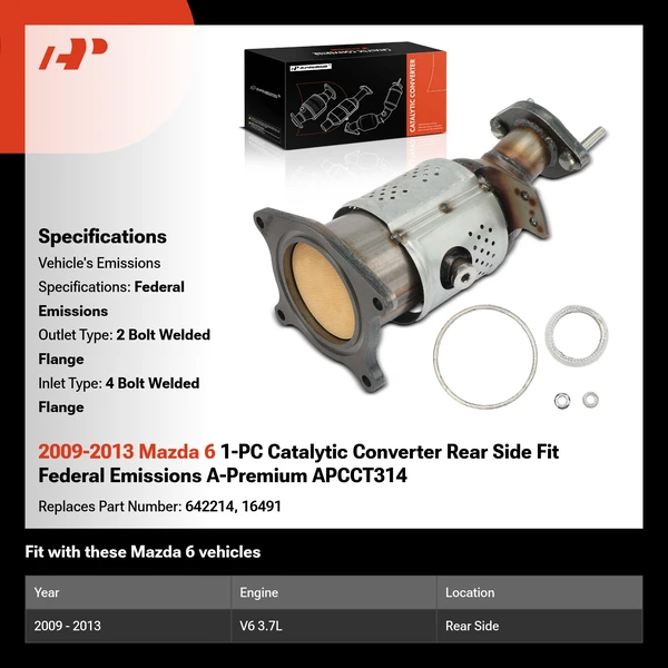 2009-2013 Mazda 6 1-PC Catalytic Converter Rear Side Fit Federal Emissions A-Premium APCCT314
