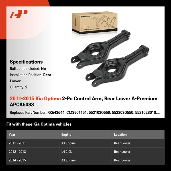 2011-2015 Kia Optima 2-Pc Control Arm, Rear Lower A-Premium APCA6038