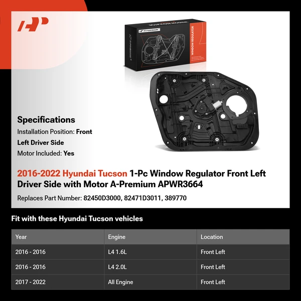 2016-2022 Hyundai Tucson 1-Pc Window Regulator Front Left Driver Side with Motor A-Premium APWR3664
