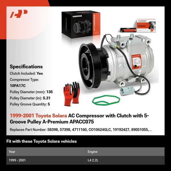 1999-2001 Toyota Solara AC Compressor with Clutch with 5-Groove Pulley A-Premium APACC075